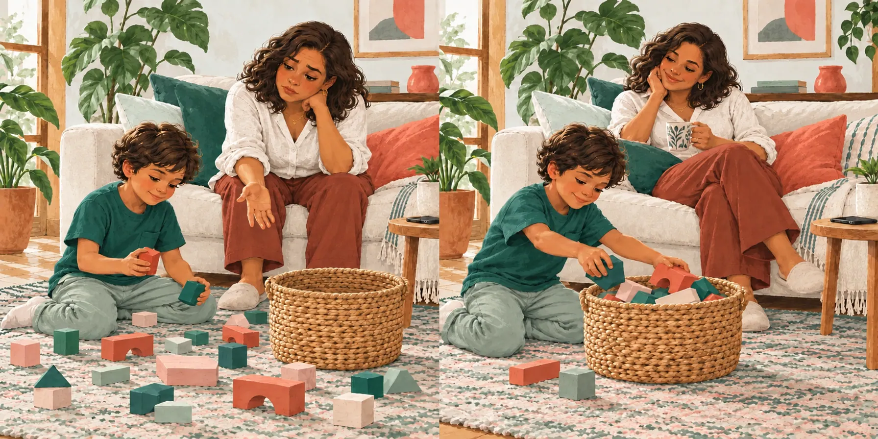 A mãe aponta os brinquedos espalhados enquanto o filho continua brincando. O cesto está vazio.
